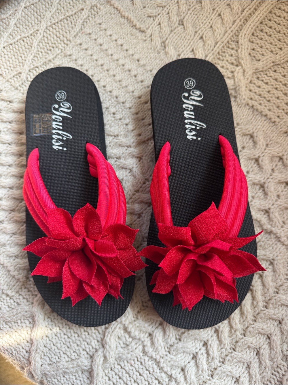 Women’s Black Sandal with Red Floral Accent - Picture 2 of 4
